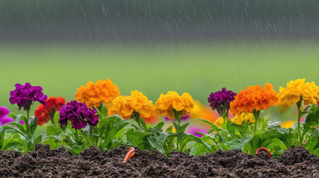This image features vibrant primrose flowers in various colors blooming in a garden under rain, showcasing their beauty against dark soil.の素材