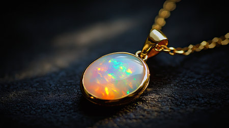 A stunning opal pendant hangs gracefully on a golden chain, showcasing vibrant colors and intricate details, perfect for elegant fashion statements.の素材
