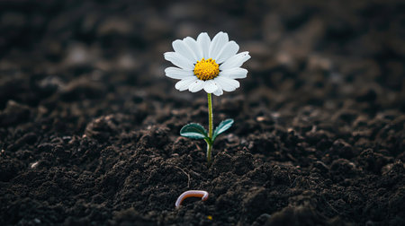 A stunning single white daisy flower rises gracefully from rich dark soil, accompanied by a small earthworm, symbolizing growth and resilience in nature.の素材