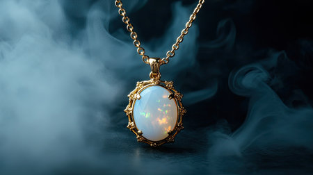 Captivating gold necklace featuring an iridescent opal pendant, elegantly surrounded by swirling smoke, creating a mysterious and enchanting atmosphere.の素材