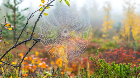 A stunning close-up of a spider web adorned with glistening dew drops, set against a foggy autumn landscape, showcasing vibrant foliage and serene beauty.の素材