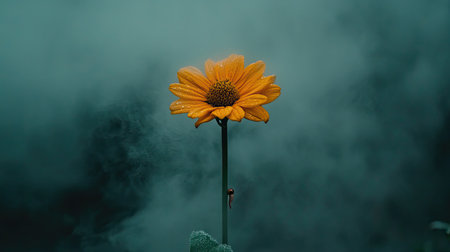 A stunning yellow flower stands alone in a soft mist, adorned with dew drops that catch the light, creating a tranquil and dreamy scene in nature.の素材