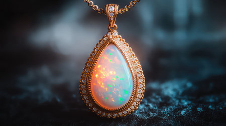 A breathtaking opal pendant hangs from a delicate gold chain, showcasing vibrant hues and intricate details, perfect for adding elegance to any outfit.の素材
