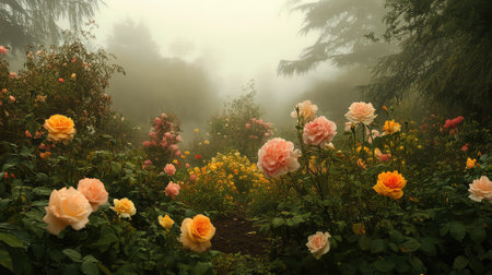 A captivating garden filled with vibrant roses in various colors creates a serene atmosphere surrounded by mist and lush greenery, inviting tranquility.の素材