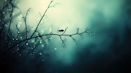 A solitary ant crawls on a delicate branch adorned with sparkling dew drops against a softly blurred misty background, evoking tranquility and beauty.の素材