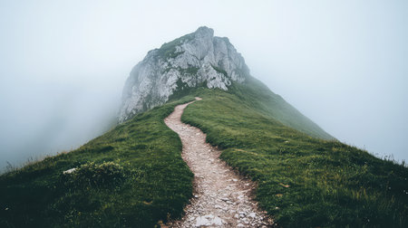 A tranquil mountain path leads to a majestic rocky peak shrouded in mist. This serene landscape captures the essence of nature's beauty and adventure.の素材