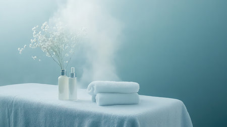 A serene spa setting showcasing a table adorned with towels and a delicate flower arrangement, surrounded by gentle steam and soft lighting, perfect for relaxation.の素材