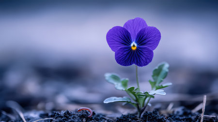A striking close-up of a vibrant purple flower emerging from dark soil, capturing the essence of natural beauty and resilience in a serene environment.の素材