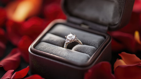This stunning engagement ring, set in a plush velvet box, is beautifully surrounded by vibrant rose petals, creating a romantic and luxurious atmosphere.の素材