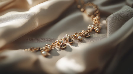 A stunning gold bracelet adorned with charming details lies gracefully on elegant fabric, capturing the essence of luxury and style for any fashion enthusiast.の素材