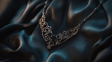 Stunning vintage necklace with intricate detailing displayed elegantly on soft, dark fabric, showcasing remarkable craftsmanship and timeless beauty.の素材