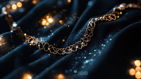 This stunning image features an elegant gold chain bracelet beautifully displayed on dark fabric, with mesmerizing bokeh lights enhancing the luxurious feel.の素材