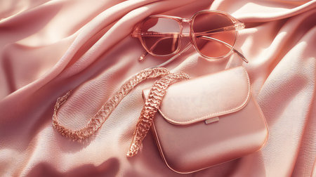 This stylish arrangement showcases elegant fashion accessories on soft silk fabric, featuring chic sunglasses and a fashionable purse in a delicate rose color.の素材