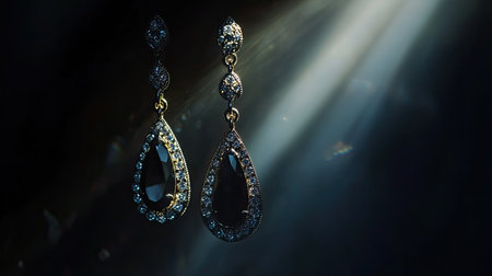 A pair of elegant teardrop earrings showcasing intricate designs with sparkling gemstones. The soft natural light enhances their luxurious appeal.の素材