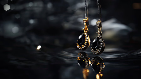 Stunning black drop earrings featuring intricate gold accents and sparkling details. Captured against a dark, reflective background, creating an elegant atmosphere.の素材