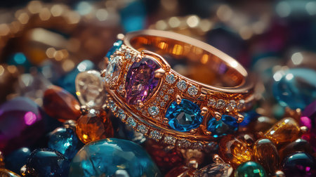 Stunning close-up of colorful gemstone rings featuring diamonds, beautifully showcased on a vibrant array of decorative stones, symbolizing elegance and luxury.の素材