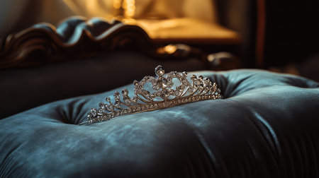 A stunning silver tiara is elegantly positioned on a plush blue cushion, illuminated by soft ambient light, highlighting its intricate design and charm.の素材