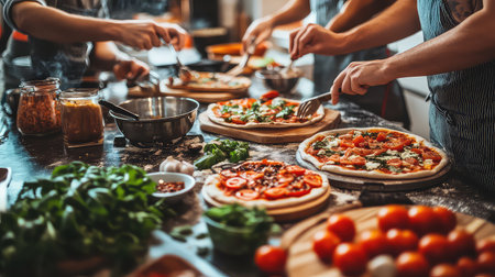A vibrant scene of hands skillfully preparing homemade pizza in a cozy kitchen, featuring colorful fresh ingredients and joyful teamwork for delicious meals.の素材
