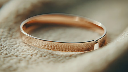 This image features an elegant rose gold bangle resting on a soft fabric background. The gentle textures and natural lighting highlight the polished metal and craftsmanship, creating a chic and modern aesthetic. Perfect for showcasing fashion accessories in promotional materials or lifestyle content.の素材