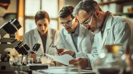 A group of dedicated scientists engaged in collaborative research within a modern laboratory setting, examining samples and recording findings with precision.の素材