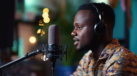 A young man in a fashionable shirt engages in conversation into a microphone while wearing headphones, set in a vibrant and cozy recording studio.の素材