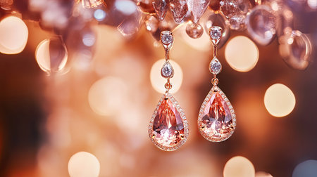 A stunning pair of pink teardrop earrings adorned with sparkling crystals, beautifully presented against a dreamy bokeh background, evoking elegance and luxury.の素材