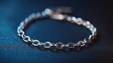A close-up image of a delicate silver chain bracelet, showcasing its elegant design and glossy finish against a dark background. Perfect for fashion lovers.の素材