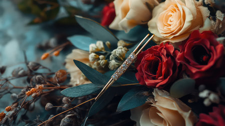 A stunning close-up of a delicate brooch nestled among a beautiful arrangement of vivid red and soft cream roses, showcasing elegance and artistry in design.の素材