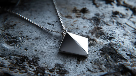 A stunning silver pyramid pendant necklace gracefully resting on a textured stone surface, perfect for showcasing modern jewelry in fashion photography.の素材