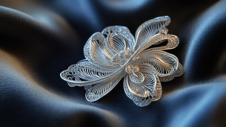 This stunning silver brooch features an intricate floral design, resting elegantly on a soft black fabric background, highlighting its artisan craftsmanship and beauty.の素材