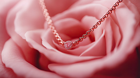 A stunning closeup of an elegant necklace featuring a heart-shaped pendant resting on soft pink rose petals, capturing a romantic and delicate atmosphere.の素材