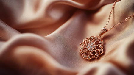 This beautiful rose gold pendant necklace is elegantly displayed on soft fabric, highlighting its intricate design and sparkling gemstones, perfect for any occasion.の素材