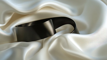 A stunning black ribbon lies gracefully on a soft, white satin fabric, capturing the essence of elegance and luxury. Perfect for decorations and gift wrapping.の素材