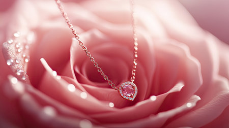 A beautiful pink necklace with a heart-shaped pendant rests gracefully on soft pink rose petals, exuding elegance and romance. Perfect for jewelry lovers!の素材