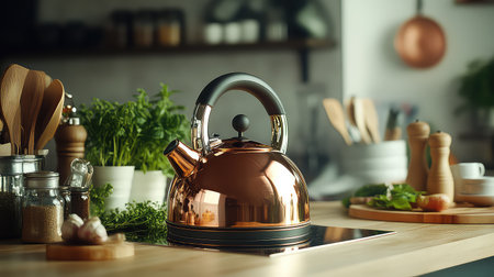 A stunning copper kettle rests on a sleek kitchen countertop, complemented by vibrant herbs and various cooking utensils, creating a cozy and inviting atmosphere.の素材