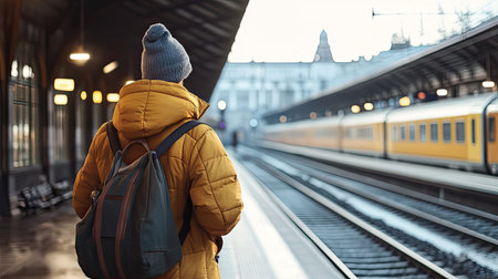 A traveler wearing a bright yellow jacket stands at a train station platform, eagerly awaiting an approaching train as morning light illuminates the scene.の素材