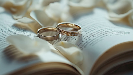 A pair of stunning wedding rings rests elegantly on an open book, surrounded by delicate rose petals, capturing the essence of romance and commitment.の素材