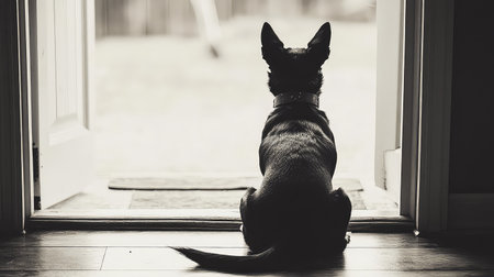 A black dog sits quietly at an open door, gazing outside on a bright day. The moment captures a serene blend of anticipation and curiosity.の素材