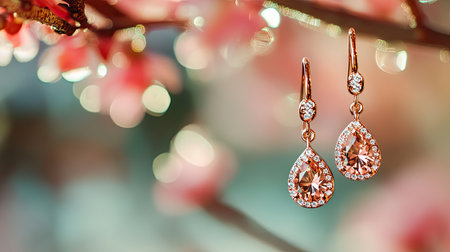Discover the charm of elegant rose gold earrings adorned with sparkling gems, beautifully displayed against a soft floral backdrop, perfect for special occasions.の素材