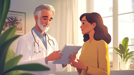 A warm and inviting scene of a doctor discussing health matters with a patient in a modern medical office, emphasizing trust and compassionate care.の素材