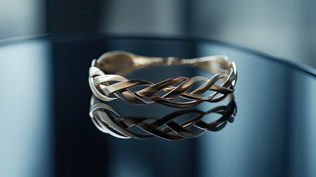 This stunning gold bracelet features an intricate design that gleams beautifully on a reflective surface, showcasing its luxurious craftsmanship and elegance.の素材