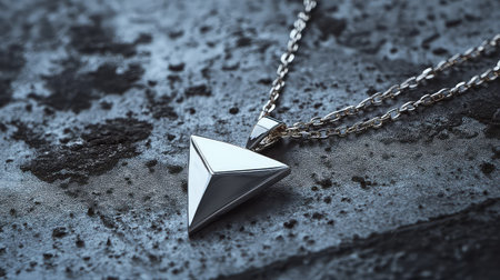This stunning silver pendant necklace features a geometric design, beautifully reflecting light against a textured background, perfect for any occasion.の素材