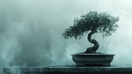 A captivating bonsai tree stands elegantly in a minimalistic environment, surrounded by mist. This serene image evokes feelings of tranquility and balance, perfect for relaxation and inspiration.の素材