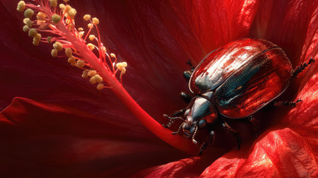 This captivating close-up image features a vibrant beetle resting on a vivid red flower petal, showcasing the beauty of nature and intricate details of its anatomy.の素材