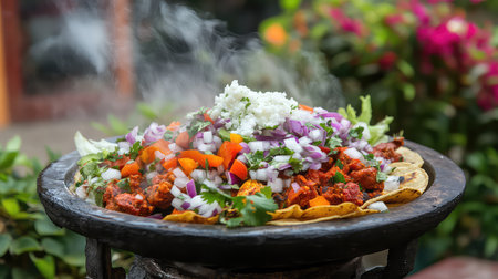A vibrant traditional dish featuring steaming ingredients on a tortilla, garnished with fresh herbs and colorful vegetables, perfect for outdoor dining.の素材