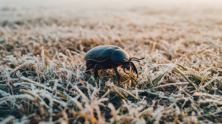 A striking image showcasing a beetle emerging from frost-covered grass during a serene morning. Captured in natural light, this photograph emphasizes the intricate details and textures of the insect and its cold environment, evoking a sense of tranquility and beauty in nature.の素材