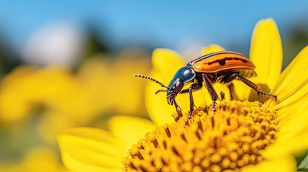 A striking close-up image featuring a colorful beetle perched on a sunflower in full bloom, under a clear blue sky, capturing the essence of nature.の素材