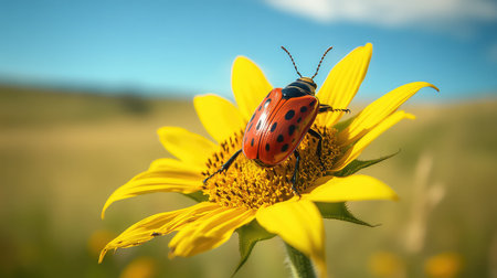 A vibrant red beetle rests on a bright yellow sunflower, showcasing the beauty of nature under a clear blue sky, highlighting the colors of summer.の素材