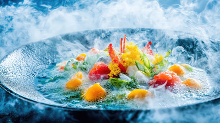 A stunning gourmet seafood dish features vibrant colors and intricate garnishes in a black bowl, accompanied by a mesmerizing vapor effect.の素材
