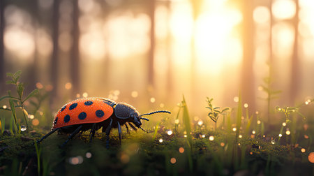 A stunning close-up of a vibrant ladybug adorned with dew drops, set against a sunlit forest backdrop. This captivating image highlights the beauty of nature.の素材
